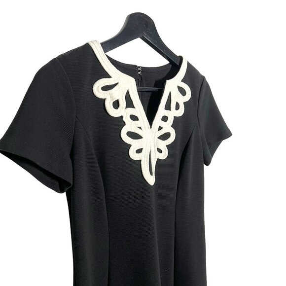 Talbots Black White Textured Short Sleeve Sheath Below Knee Dress Small Petite - Picture 2 of 10